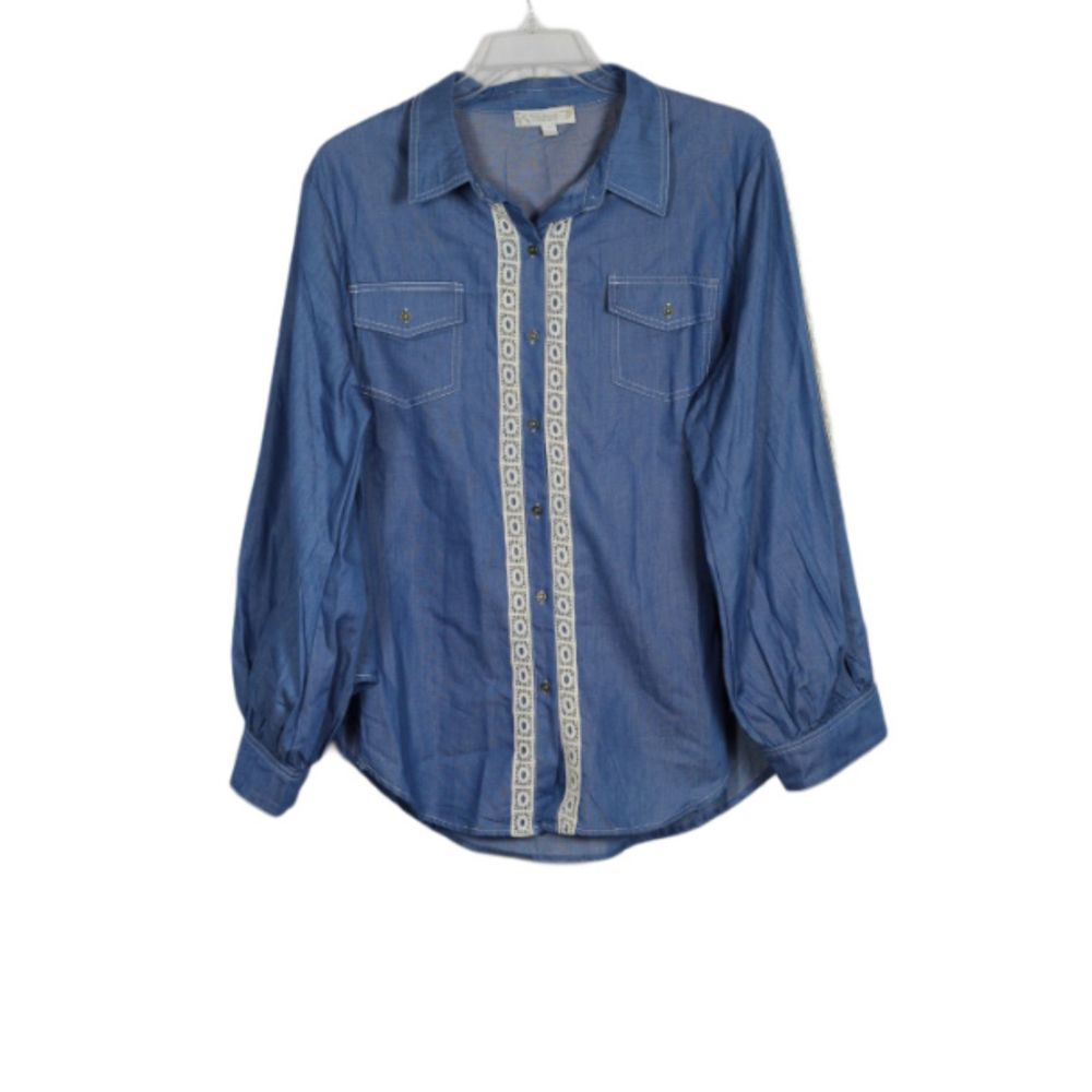 Weekend Suzanne Betro Blue Women's Long Sleeve Top Lace Trim 3X 039